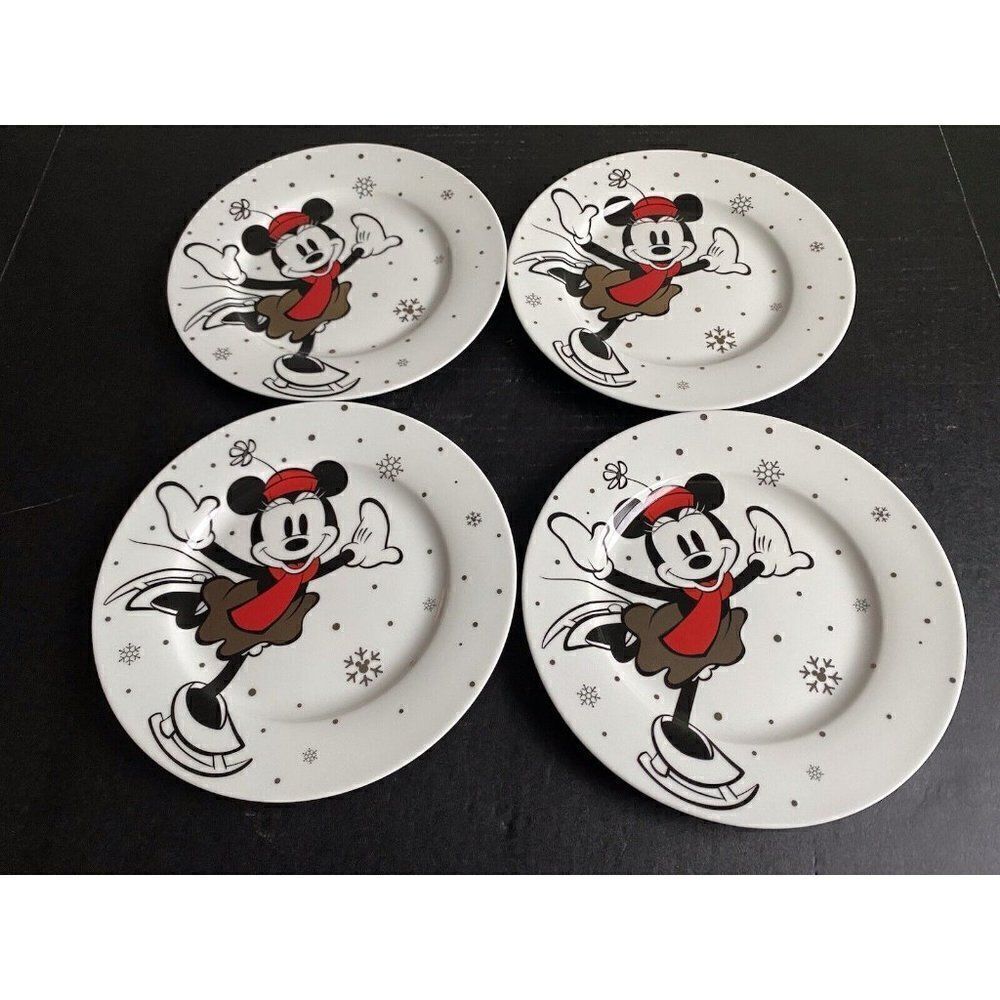 Set Of 4 Disney Minnie Mouse Christmas Salad Plate Ice Skating Holiday Snowflake